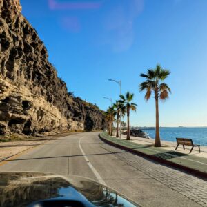 A Jeep drive along the coast with a clear blue sky. There's a rock cliffside to the left and the sea side is lined with palm trees; La Paz, Baja California Sur (Mexico)