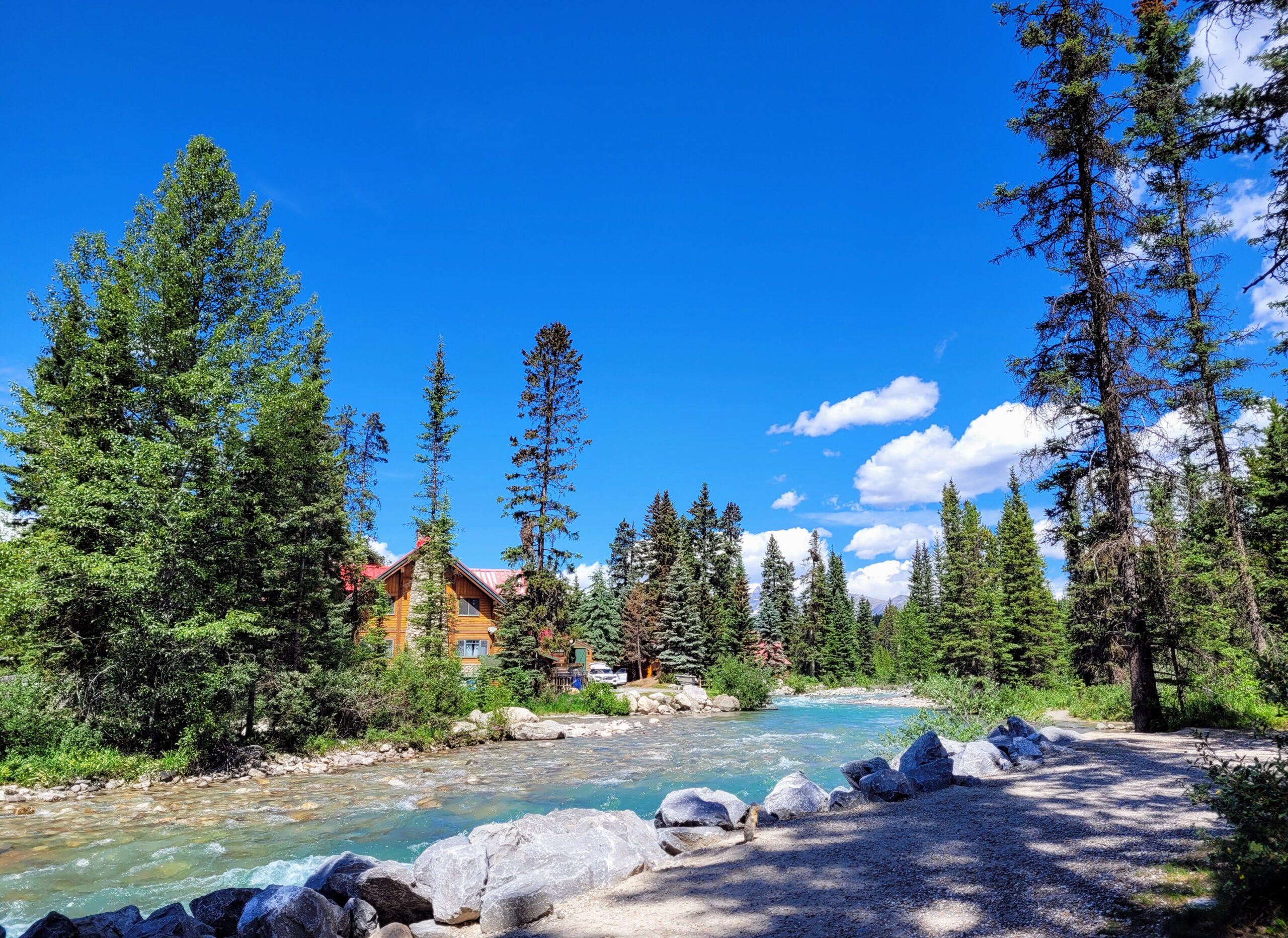 A view of Bow River behind 'HI Lake Louise Alpine Centre'; Lake Louise, Alberta (Canada)