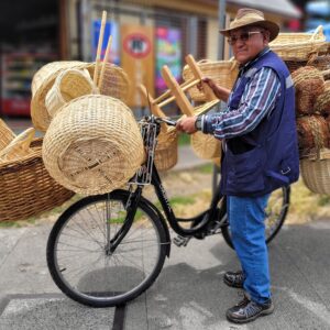 A local selling handmade baskets; Pucón