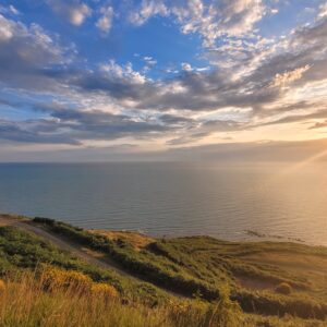 Panoramic view of the Adriatic Sea at sunset; Durres, Albania