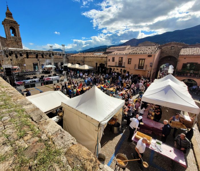 Mushroom tasting area in the castle's courtyard; Castelbuono Mushroom Festival; Castelbuono, Sicily (Italy)