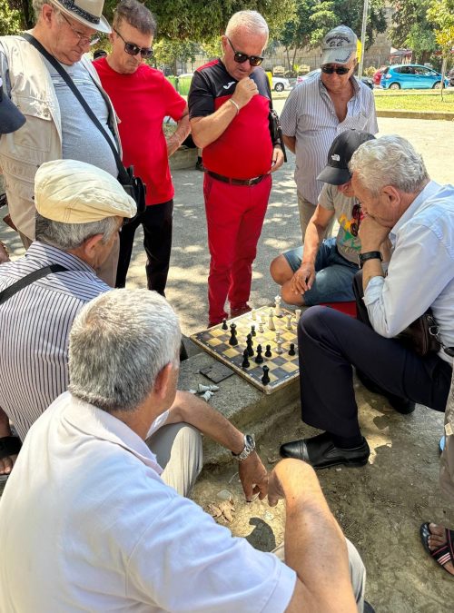 A group of men are gathered around each other to watch a daily chess game @ Lulishte 1 Maji park; Durres, Albania