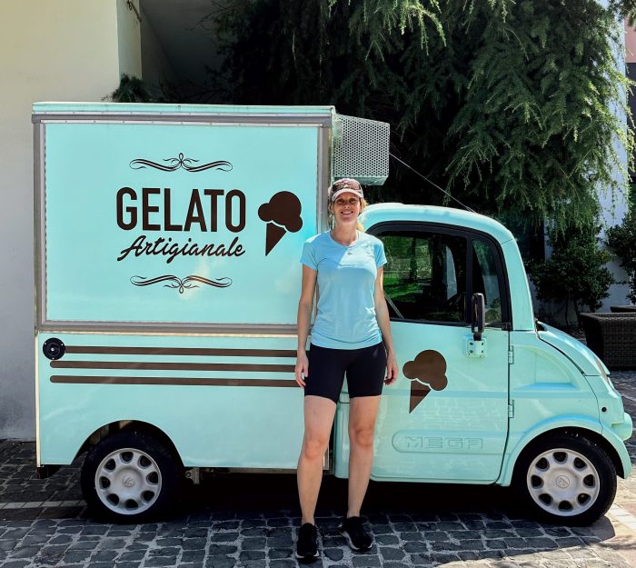 My blue shirt unintentionally matches the blue gelato truck. A potential career with unlimited gelato!? Yes please!; Italy