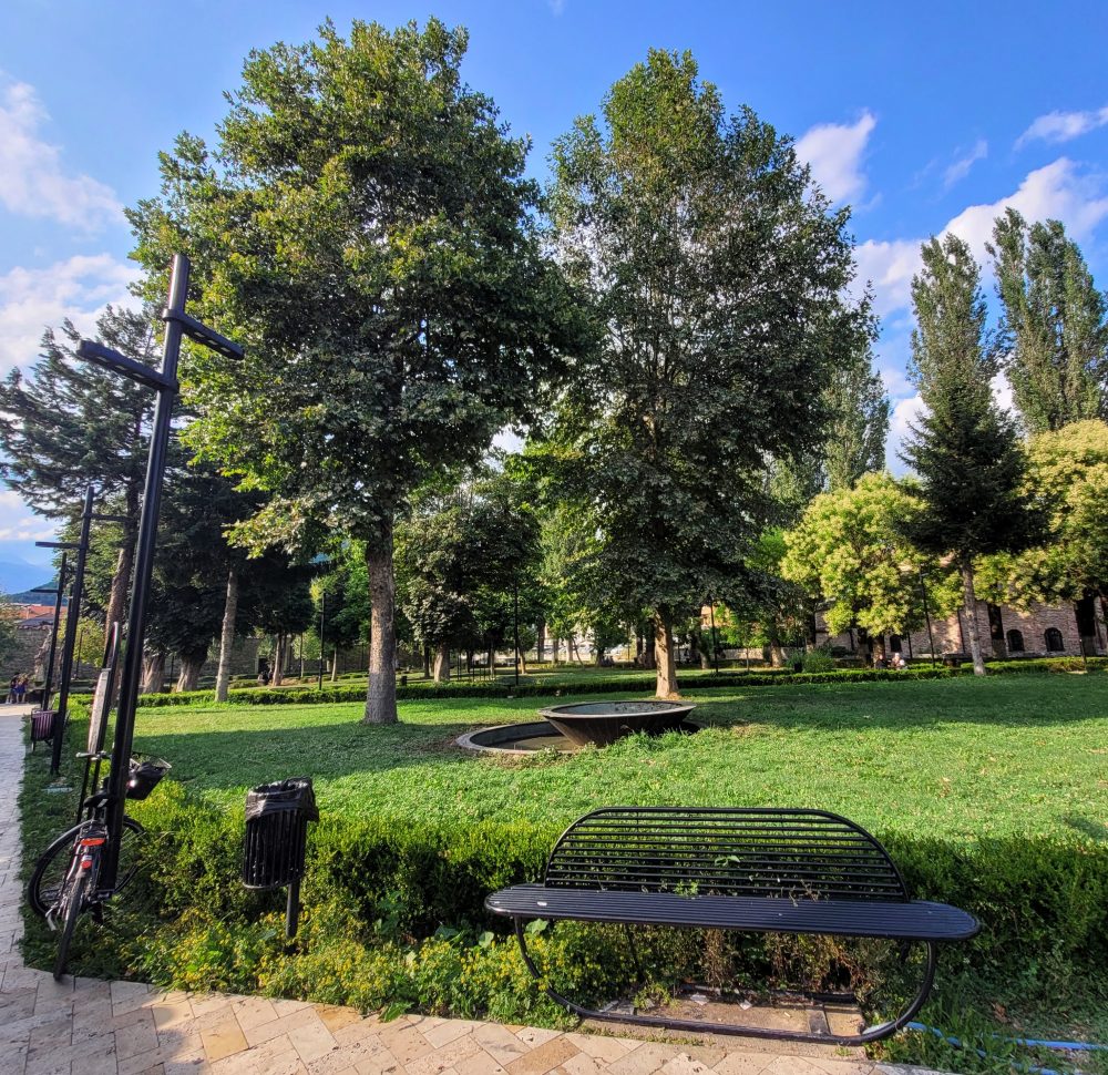 Beautiful gardens outside The Colourful Mosque; Tetovo, North Macedonia