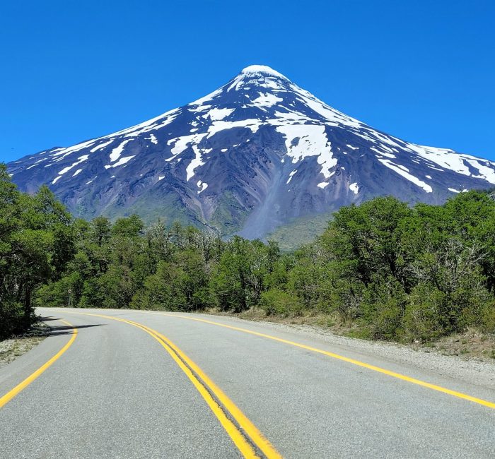 View of the volcano, Volcan Lanín, on the way to the Argentina border; Chile